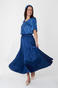REVERSIBLE Emma Silk Satin Skirt - Aqua Flora/Textured Navy