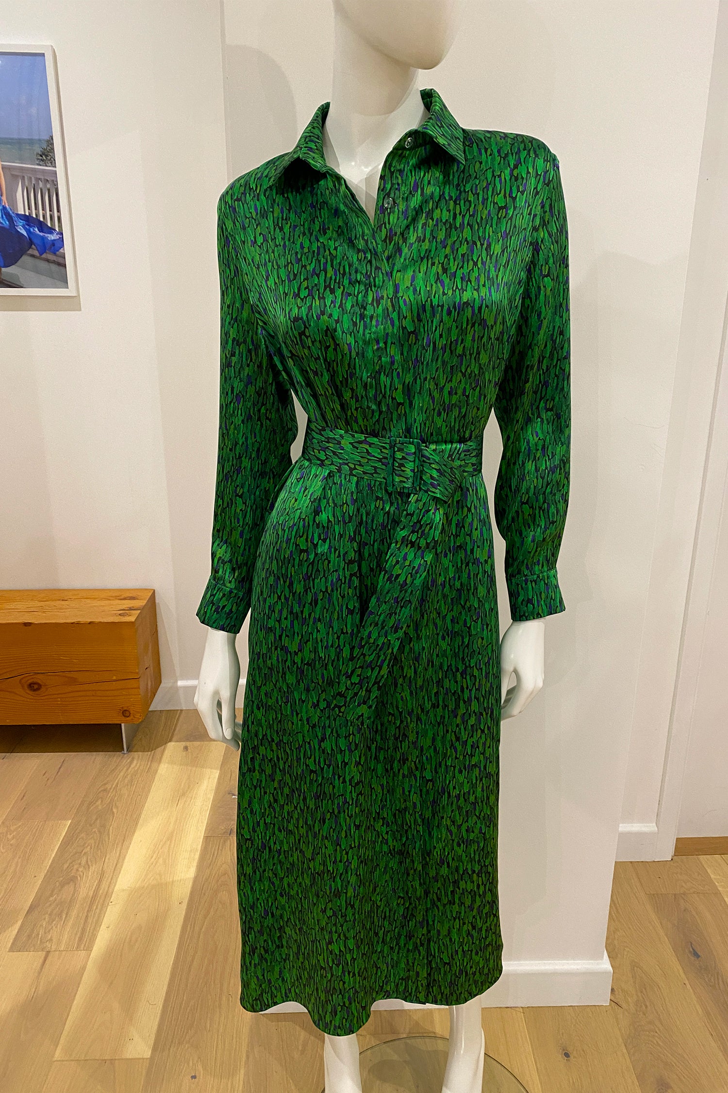 A customised silk satin Esme shirt dress by Isabel Manns in a customers chosen green colour