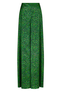 An Isabel Manns reversible high waisted silk satin palazzo pants in vibrant green print.