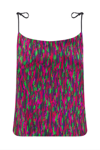 Reversible silk satin slip top with v-back neckline in dotted pink print.