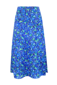 An Isabel manns blue floral silk printed Isabel Manns narrow a-line midi skirt with wide waistband.