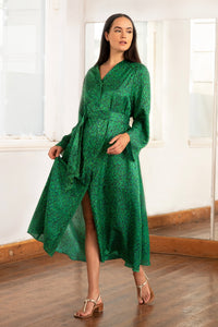 Grace Silk Cotton Kaftan Flecked Emerald front view