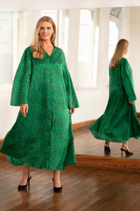 Grace Silk Cotton Kaftan Flecked Emerald front view