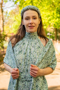 lawn magic silk bamboo scarf on model wiht matching headband and dress