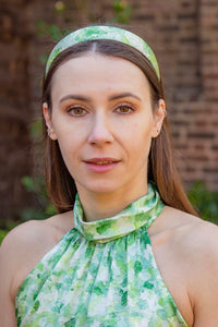 a pale green printed silk small headband and matching jumpsuit