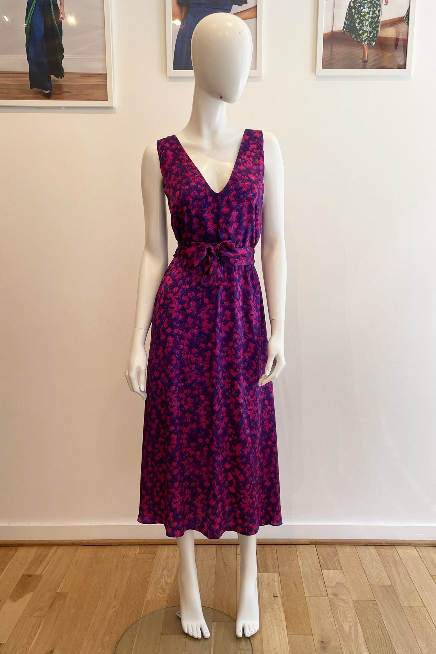 A customised Melanie silk satin dress by Isabel Manns in a customers chosen purple printed fabric