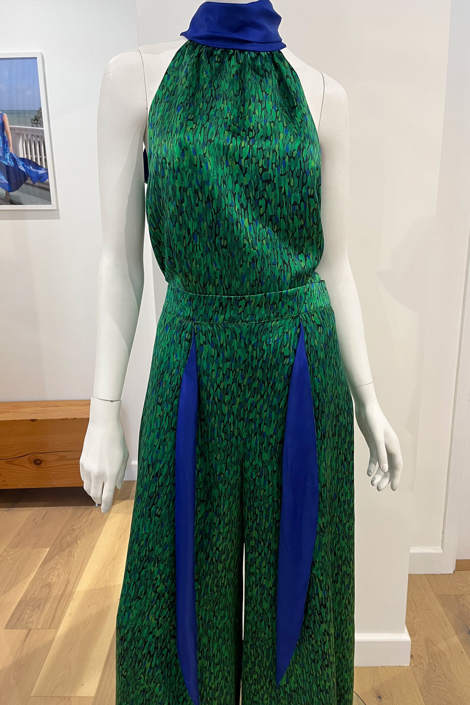 A customised outfit consisting of the Penelope trousers and signature Sophie halter neck top by Isabel Manns in a customers chosen colours