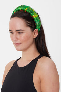 a bold green and yellow silk printed padded headband that will elevate your look