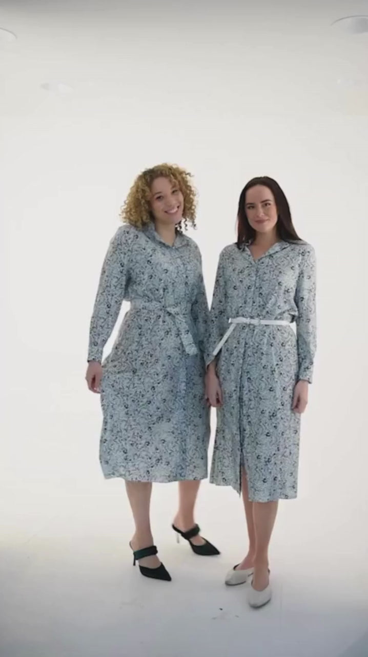 video of shirt dress in pale green and blue print worn by two models