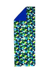 Long reversible silk satin scarf in vibrant multicoloured print and cobalt.