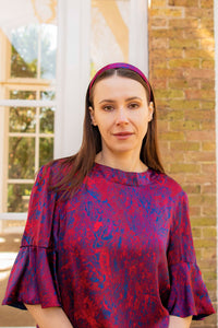 a stunning fire ocean printed silk satin top with matching headband