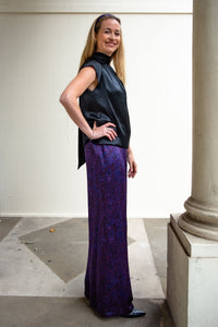 side view purple mystery palazzo pants with black silk top