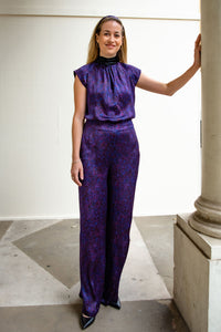 purple silk printed palazzo pants