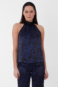 An Isabel Manns reversible halter neck silk satin top with tie collar in black camo print.