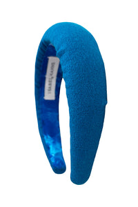 a teal wool crepe padded headband made in the UK