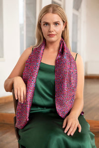 violet dream silk satin scarf worn by a model