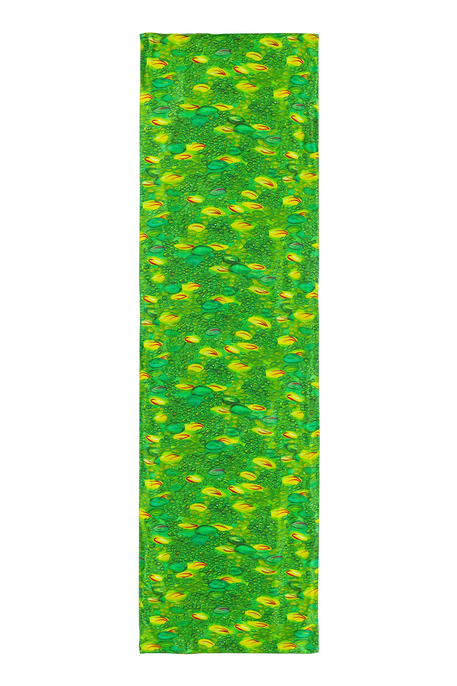 Long double-sided silk satin scarf in green and yellow print.