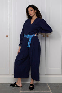 REVERSIBLE Imogen Cotton Trousers - Sapphire Hydrangea Sea/Navy | Isabel Manns