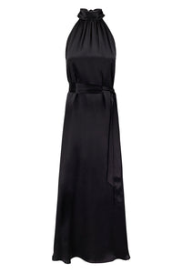 a black silk atin halter neck dress with a matching tie belt